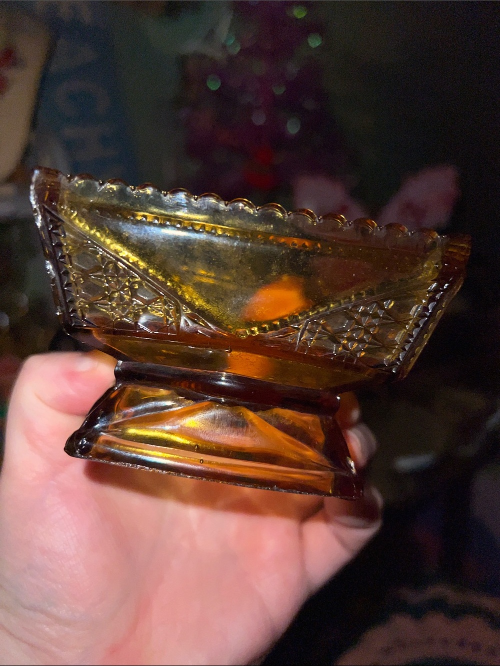 VTG Amber Carnival Glass Nut Candy Bowl Rippled Rim Detailed Design Square - Picture 6 of 10